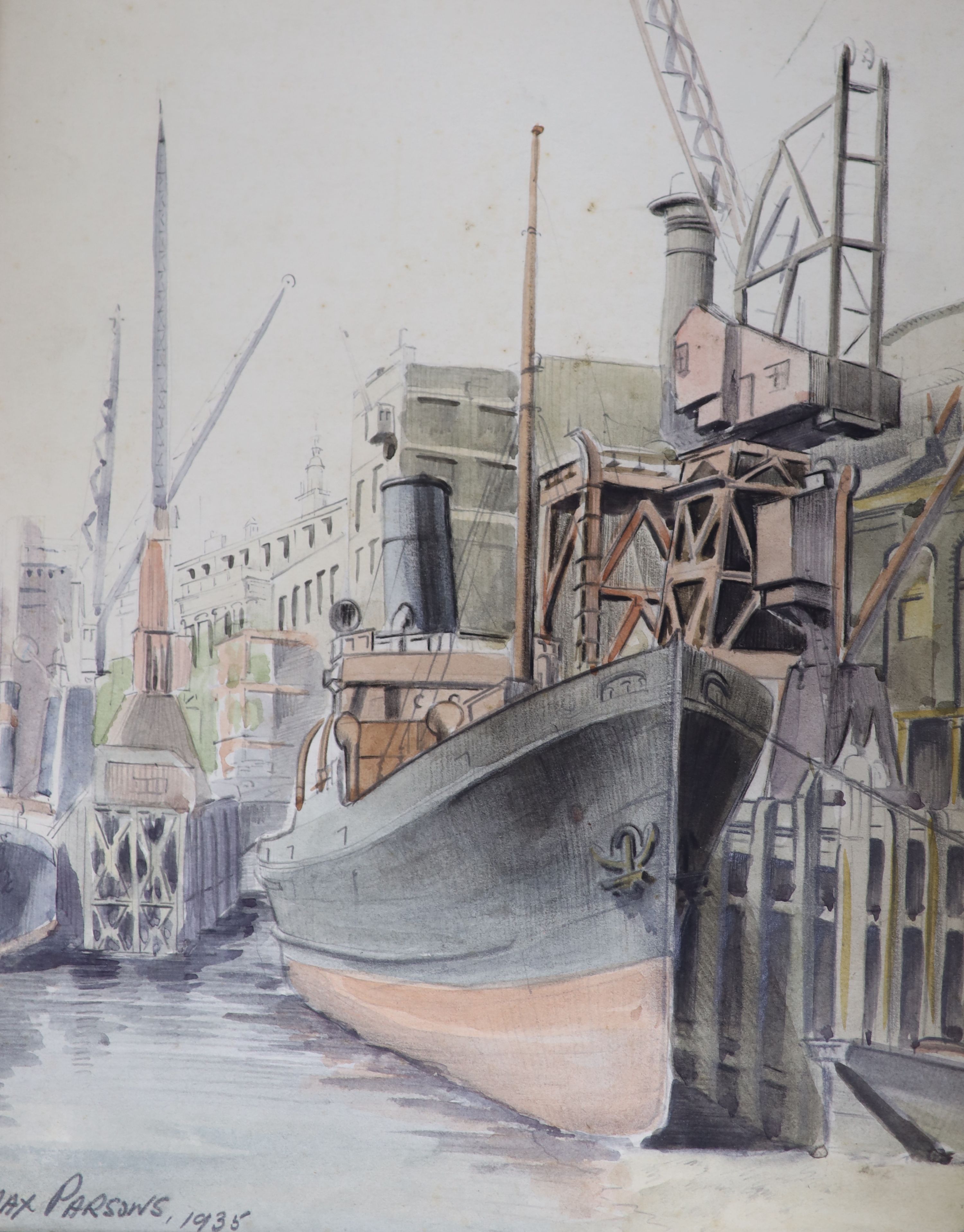 Max Parsons A.R.C.A. (1915-1998), watercolour on card, SS Marengo, signed and dated July 28, 1933, four coastal and marine paintings, unframed, 23.5 x 33cm (Dover) and two other watercolours